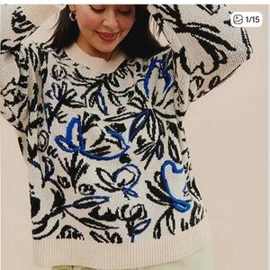 Anthropologie Floral Stencil Pop Art Embroidered Sweater